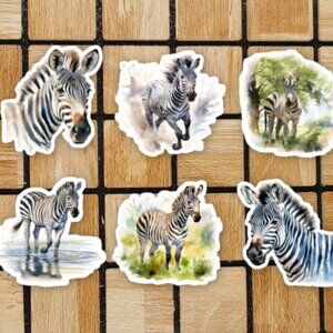 Watercolor Zebra Sticker Pack of 6 Vinyl Stickers Waterproof Animal Sticker Set